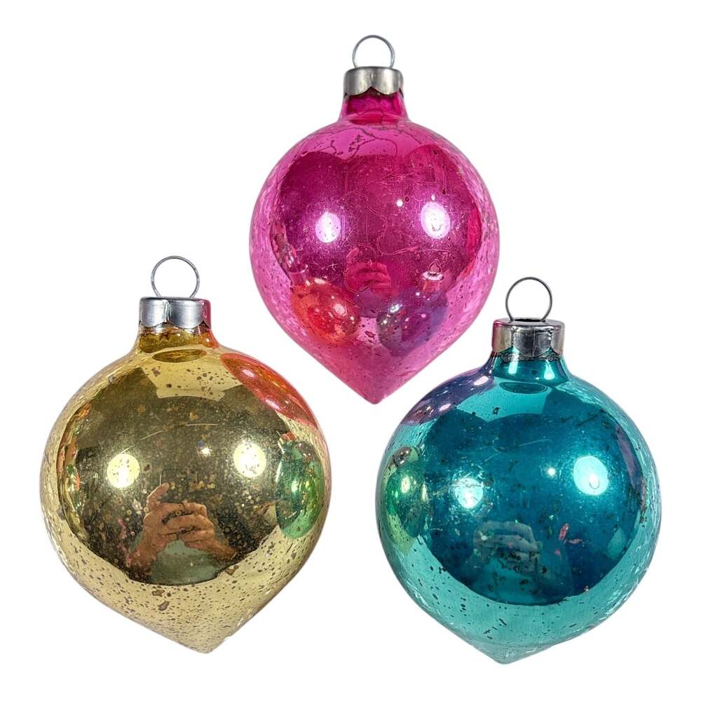 3 Vtg Corning Shiny Brite Christmas Ornament Pink Gold Teal Glass Teardrop Onion